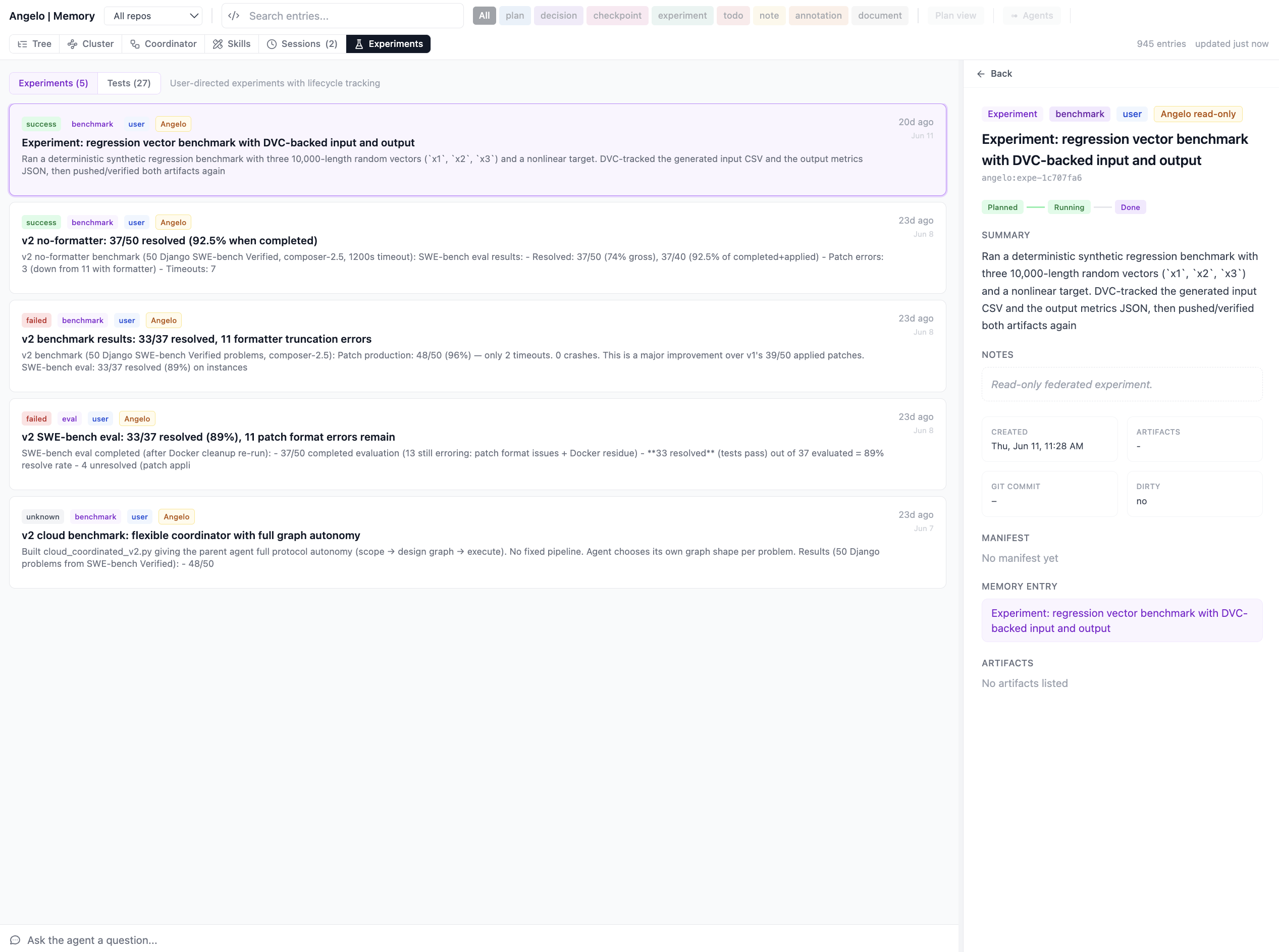 The Experiments tab: experiment runs with success/failed status and tags, plus a Tests sub-tab