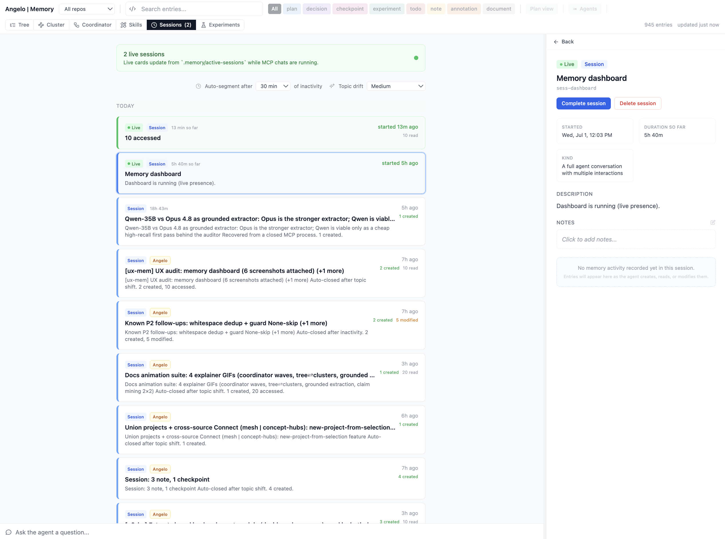 The Sessions tab: live and historical session cards, each summarizing what a chat created, read, and modified
