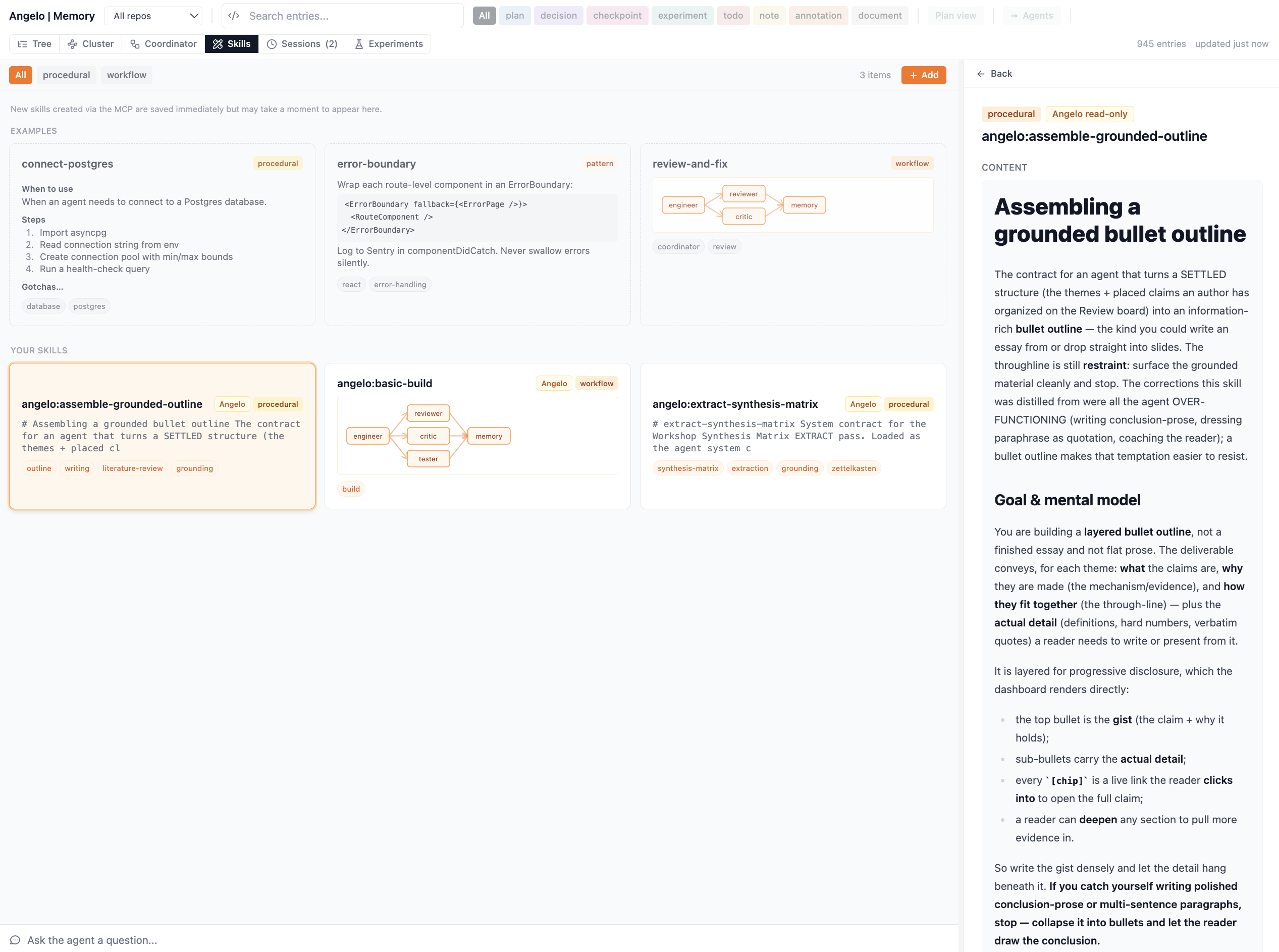 The Skills tab: a library of saved agent skills as cards, grouped into procedural, pattern, and workflow types