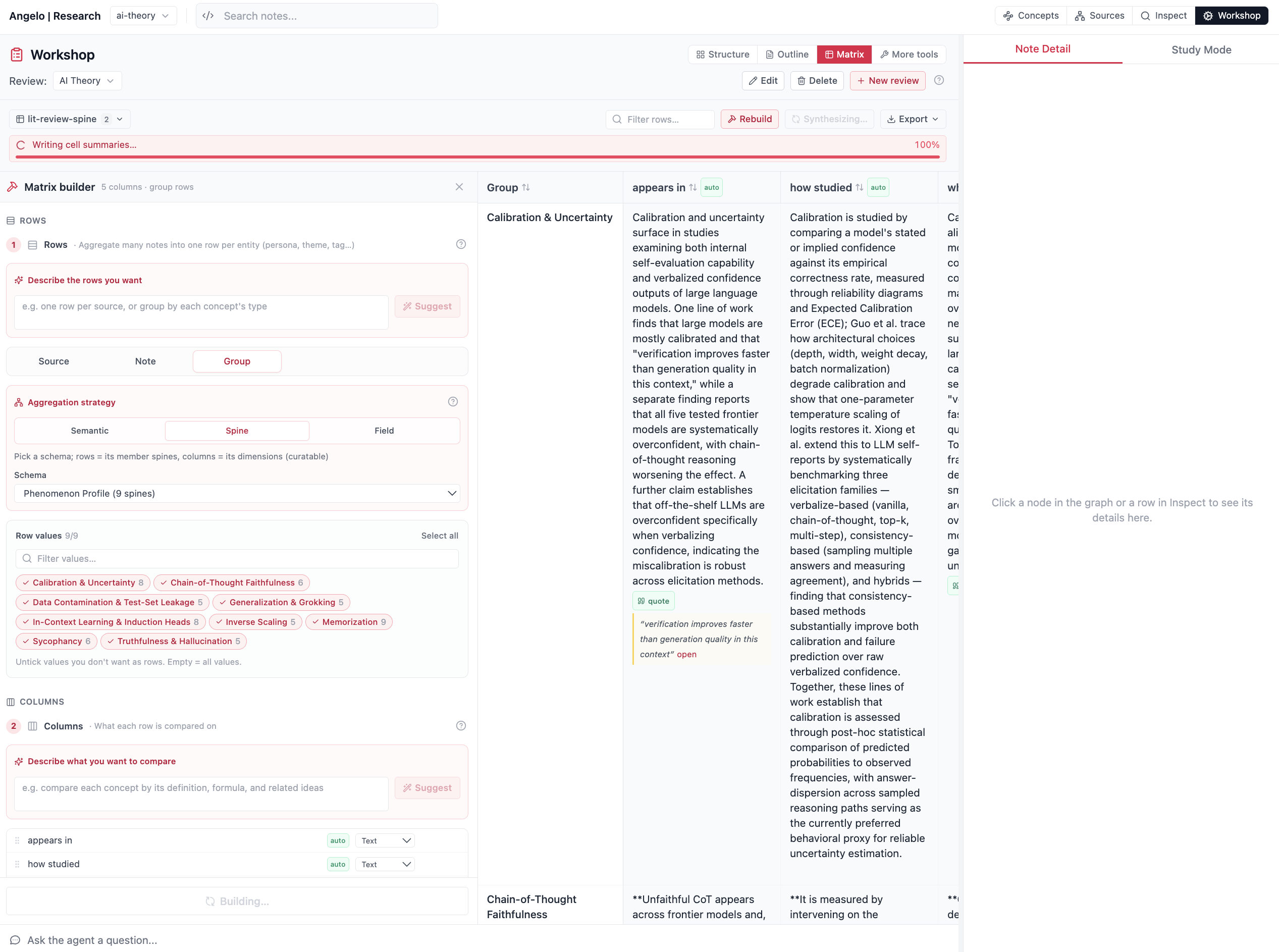 The zettelkasten dashboard Workshop in Matrix mode: the matrix builder on the left with rows grouped by a spine's dimensions and typed columns, and the synthesized grid filling in on the right