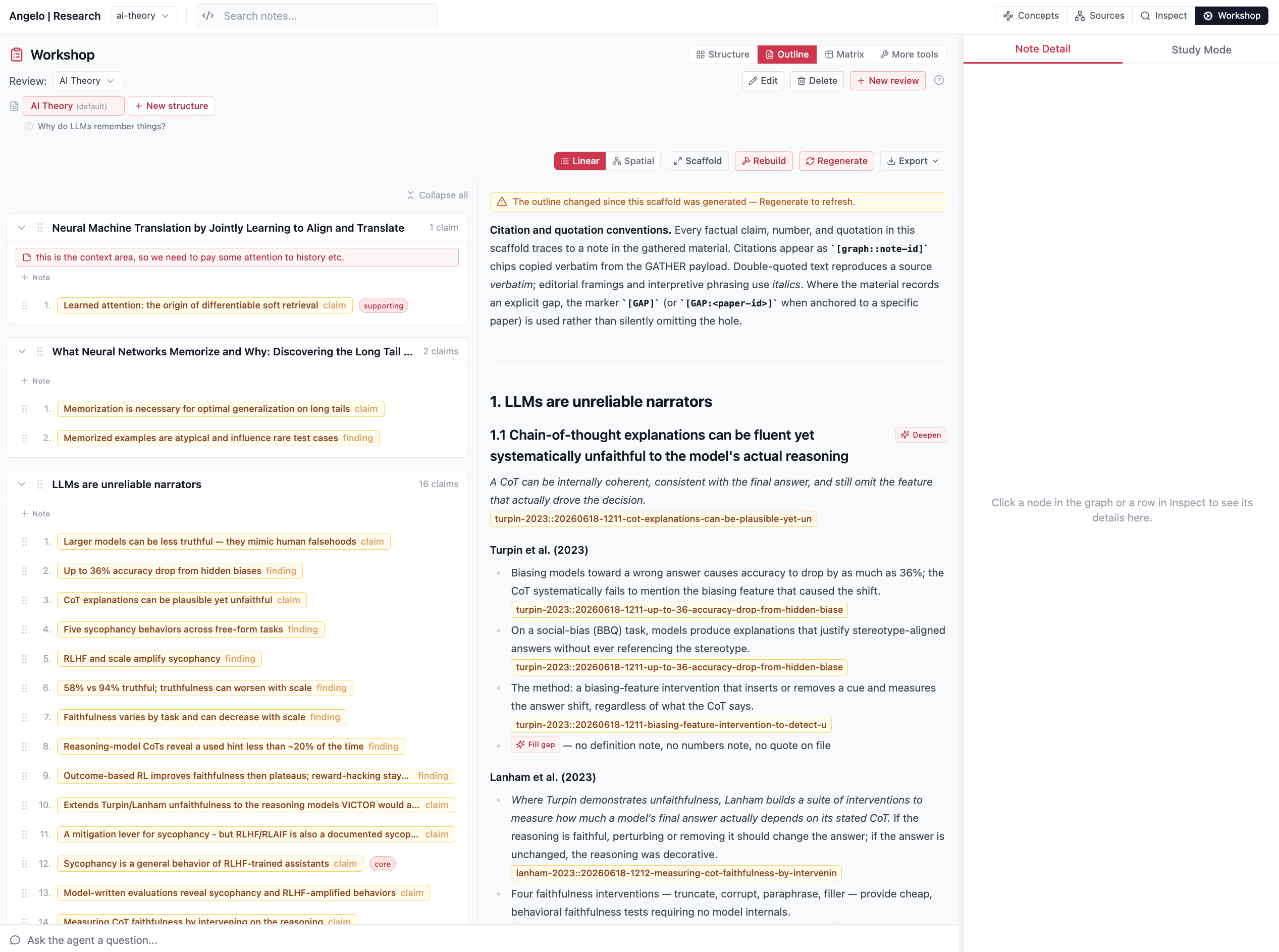 The zettelkasten dashboard Workshop in Draft mode: the board tree on the left and a generated prose draft with inline citations and verbatim quotes on the right