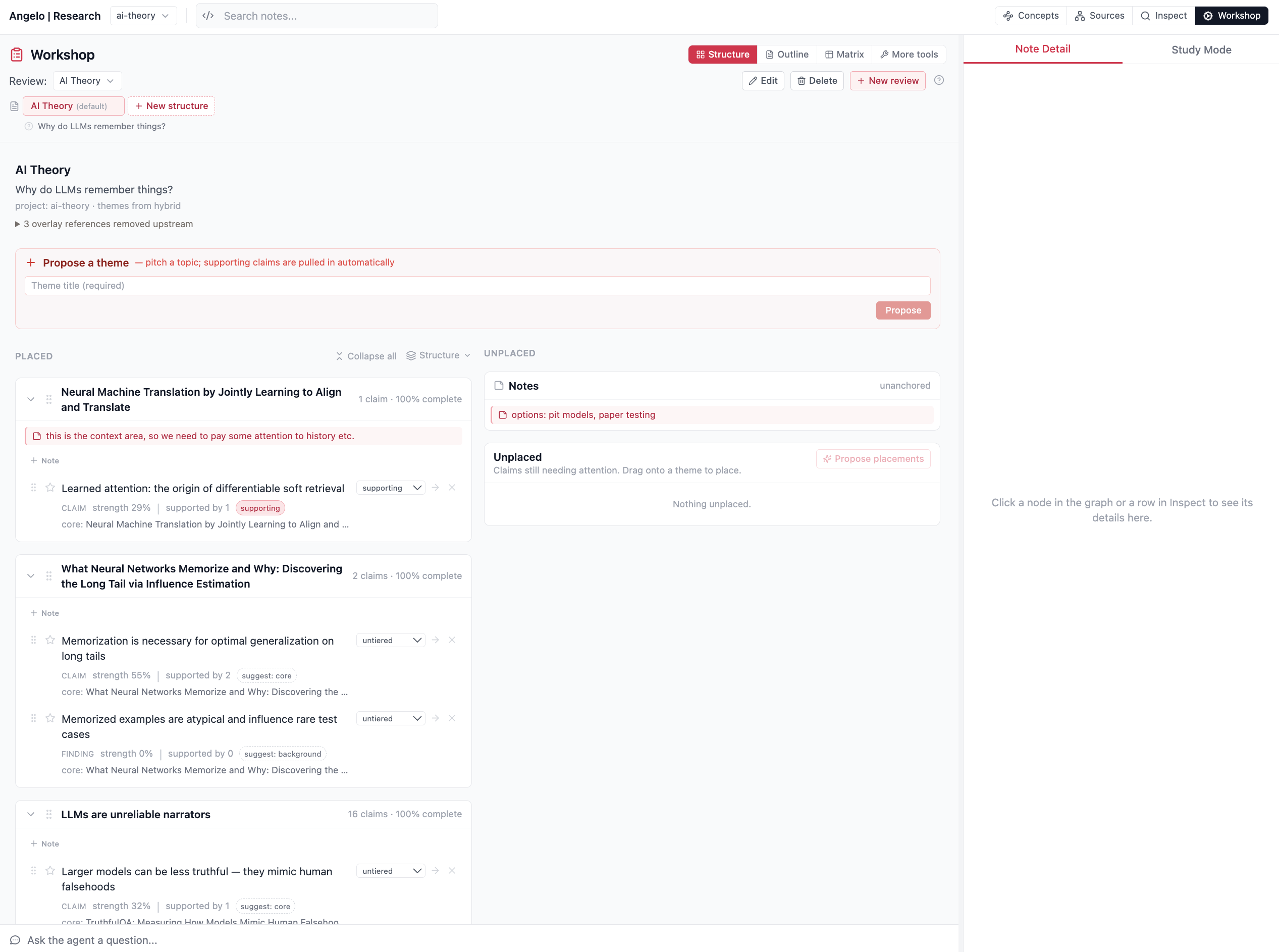 The zettelkasten dashboard Workshop in Board mode: themed sections of placed claims on the left, an Unplaced/Notes column on the right, and a Propose-a-theme box